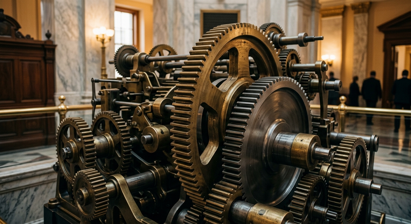 A close-up view of a large, intricate mechanical gear system inside a building.