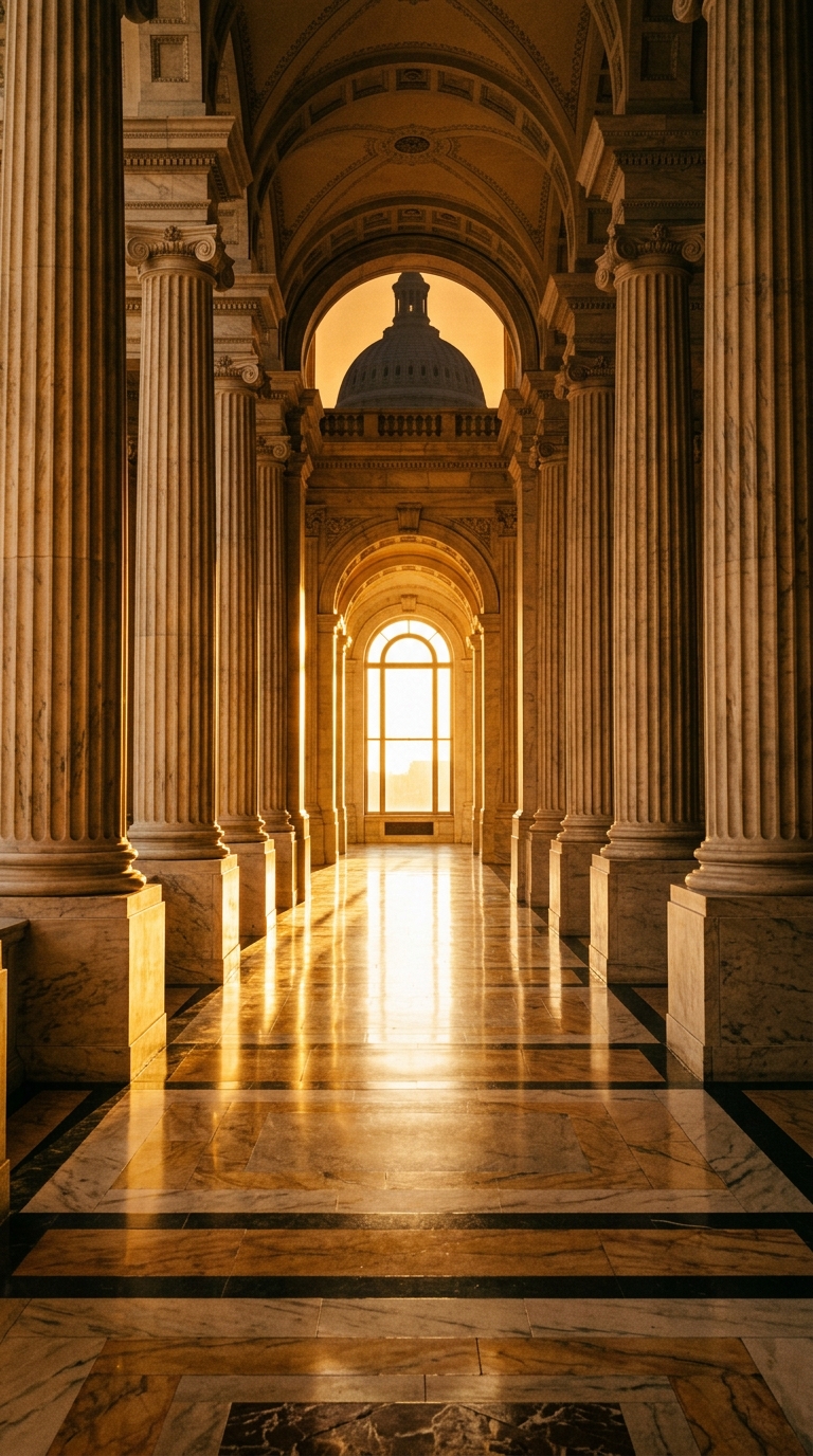 A grand interior space with tall columns and a dome, illuminated by sunlight.