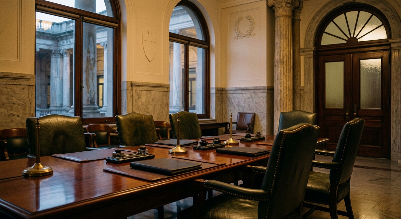 A conference room with a large wooden table and leather chairs.