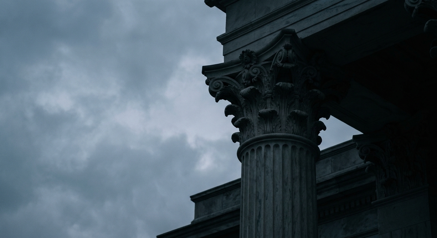 A close-up view of a classical column with intricate details against a cloudy sky.