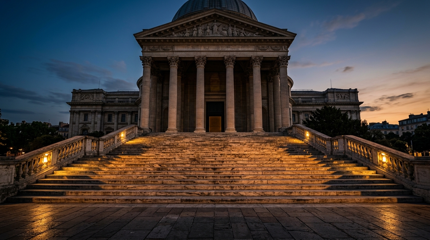 A grand building with large columns and illuminated steps at dusk.
