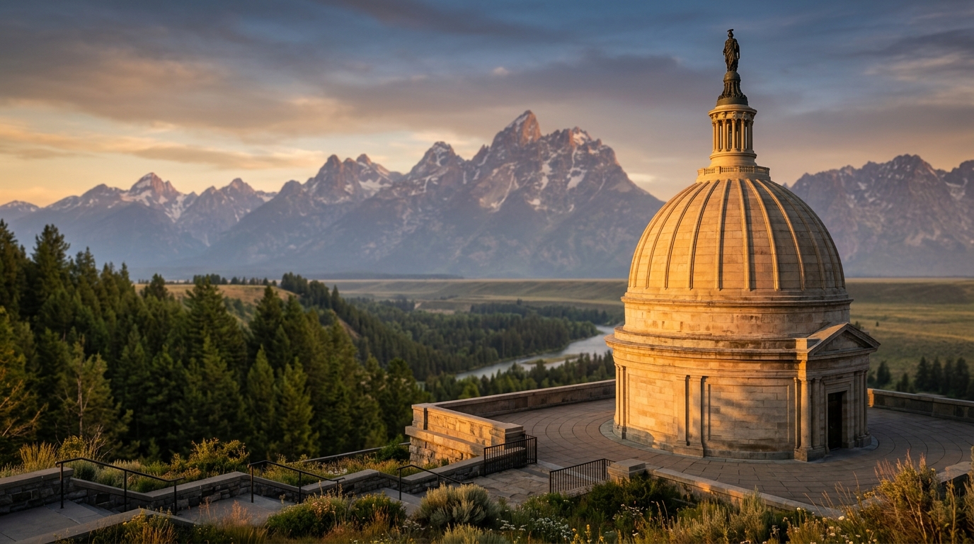 A stone dome structure overlooks a valley with mountains in the background during sunset.