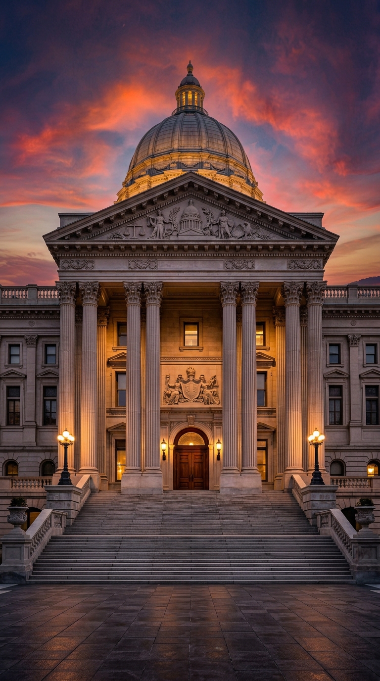 A grand building with a dome and columns, illuminated at sunset.