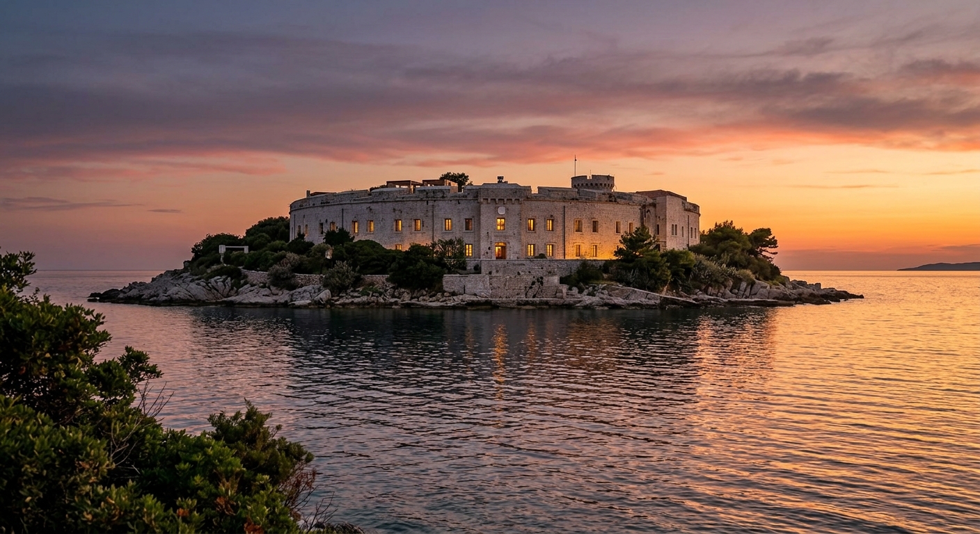 A historic building situated on an island during sunset.