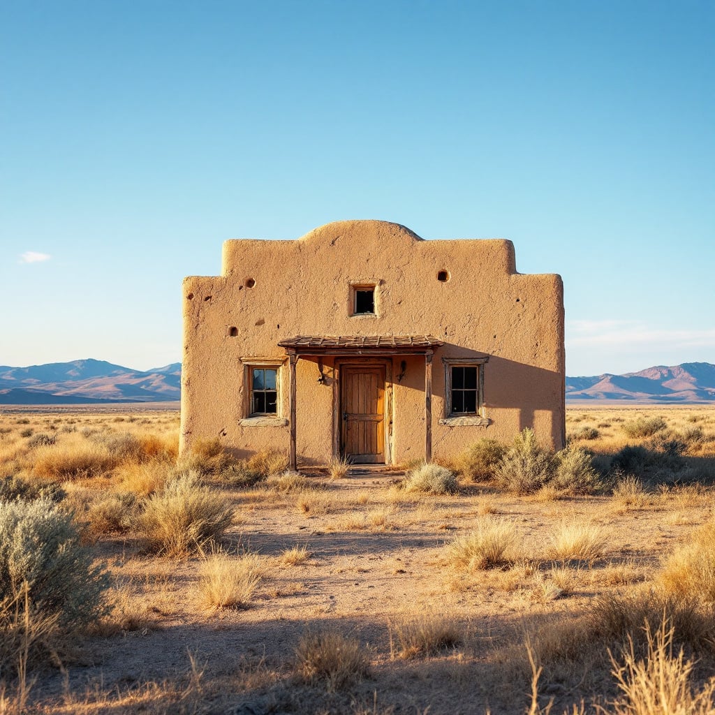 A solitary adobe building stands in a vast desert landscape with mountains in the background.