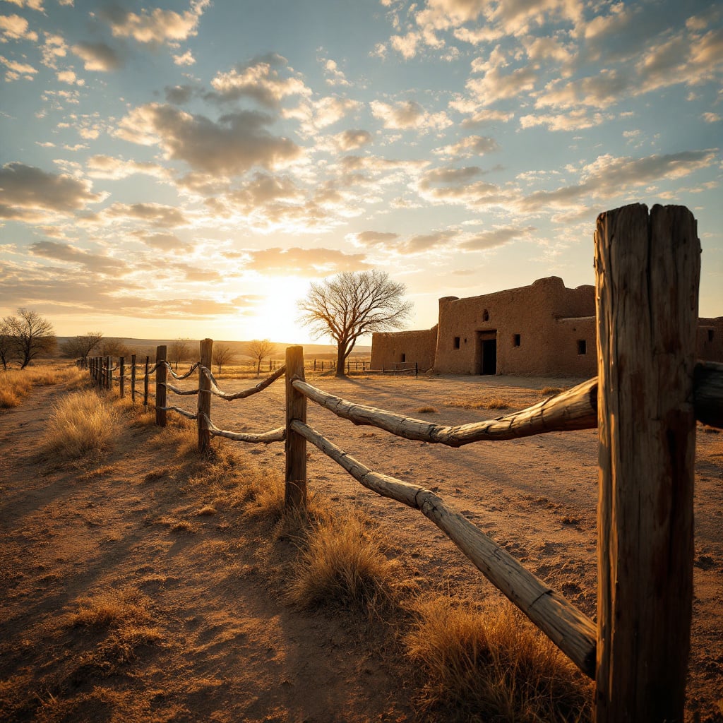 A rustic wooden fence lines a dirt path leading to a traditional adobe building at sunset.