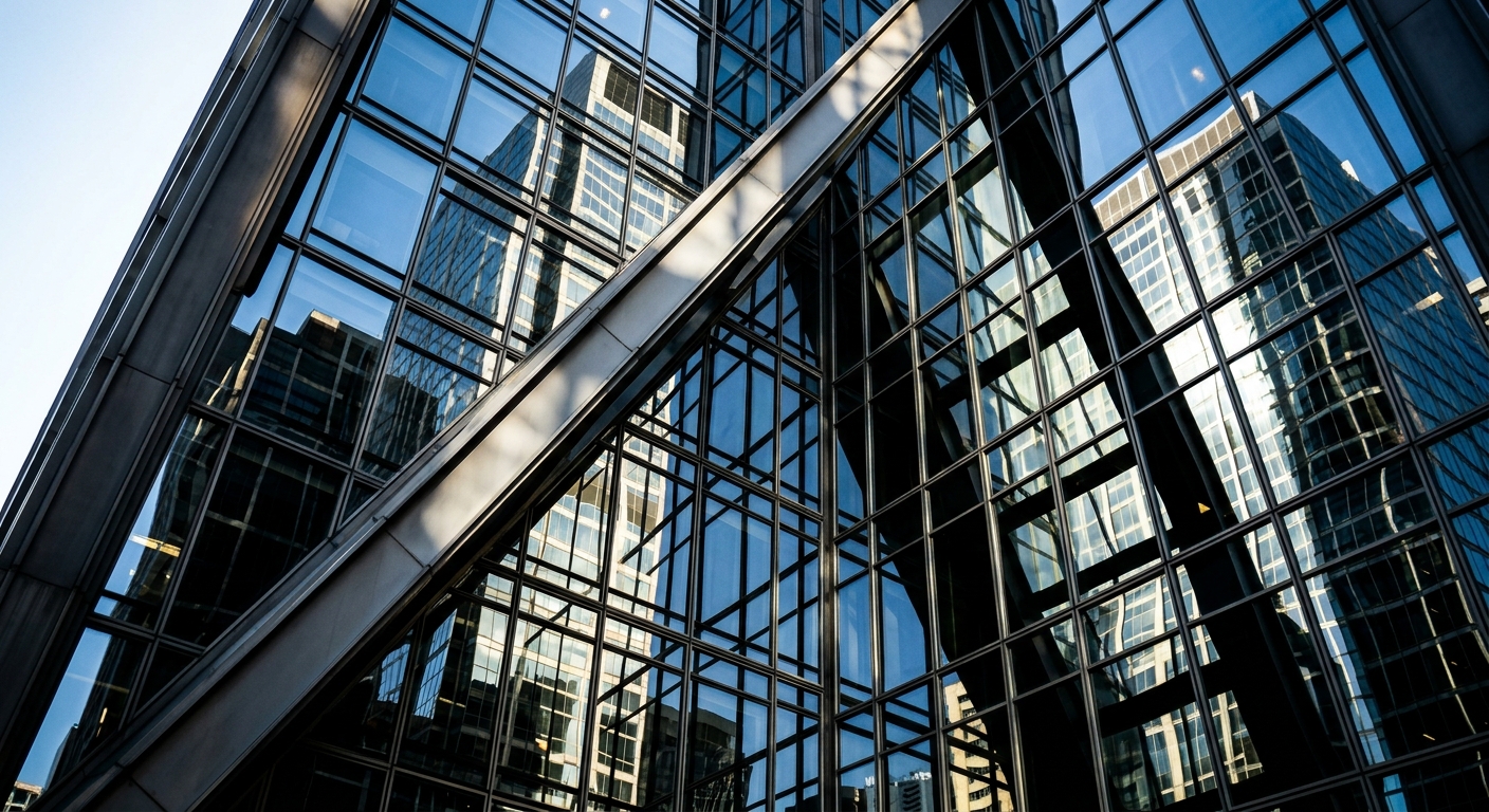 A modern building with reflective glass surfaces showcasing the surrounding cityscape.