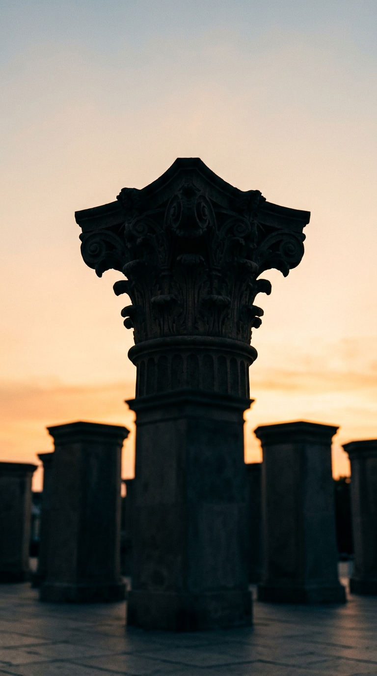 A silhouette of a decorative column against a sunset sky.