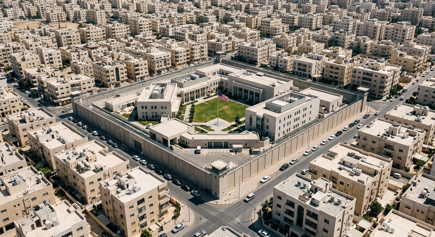 An aerial view of a modern building complex surrounded by residential structures.