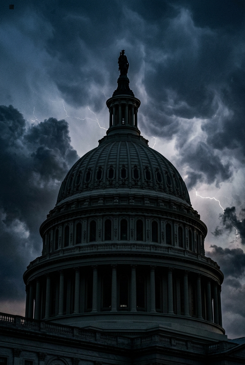 The image shows the silhouette of a dome under a stormy sky with lightning.
