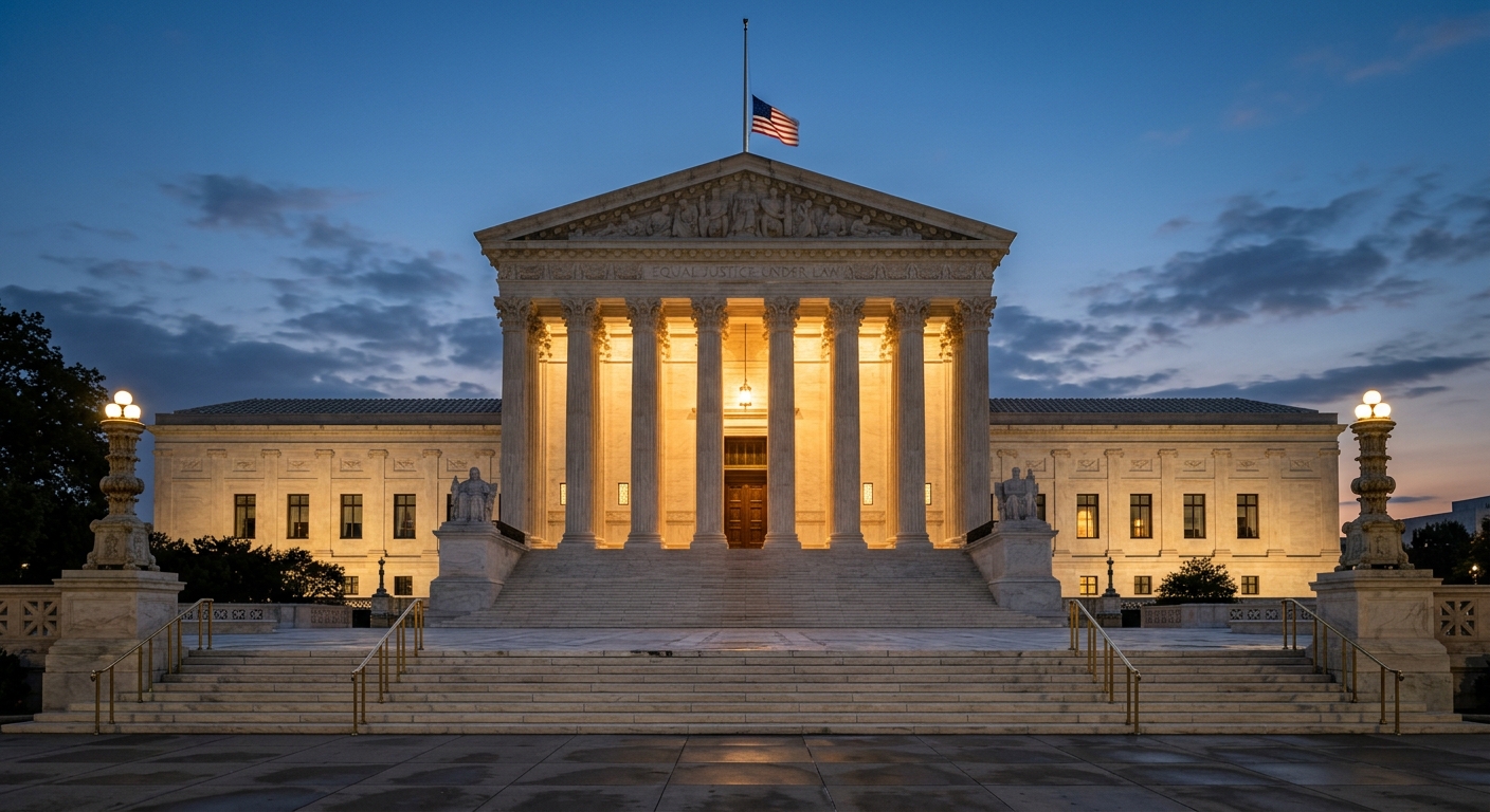 The image shows the exterior of a large government building with columns and an American flag at dusk.