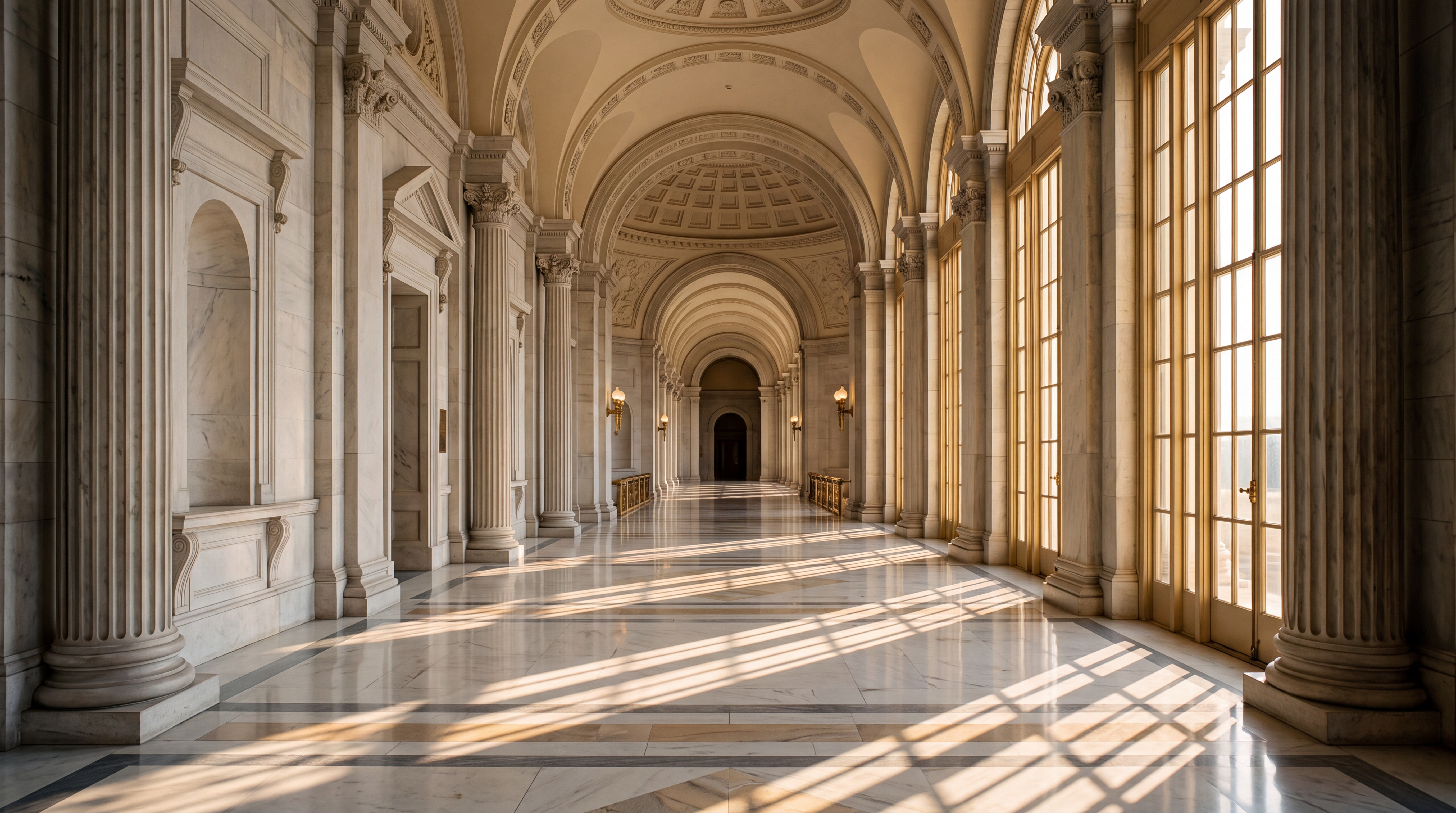 A grand hallway with marble floors and large windows allowing sunlight to stream in.