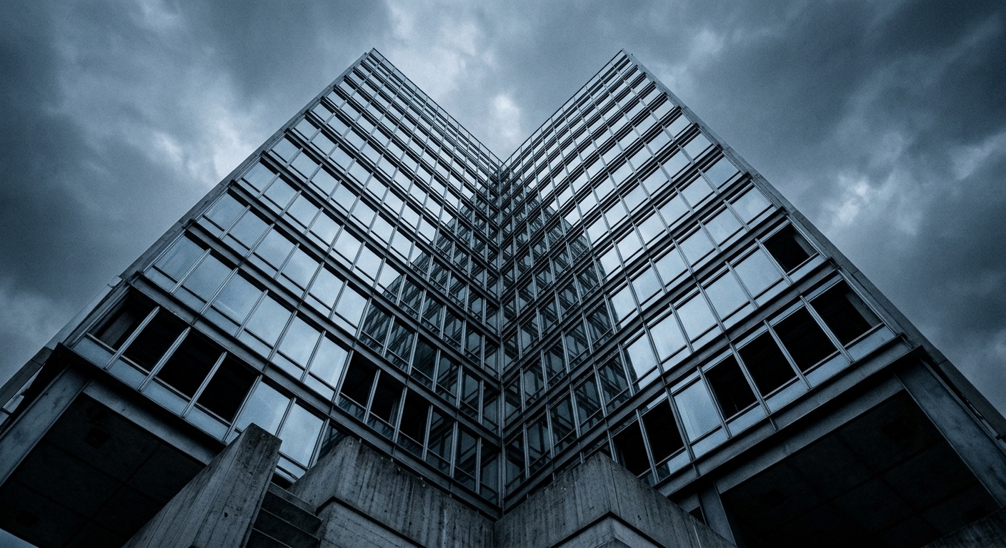 A modern glass building with a sharp angular design under a cloudy sky.