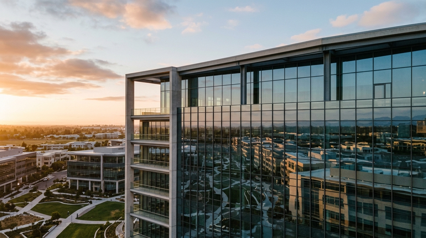 A modern office building with large glass windows reflecting the sunset.