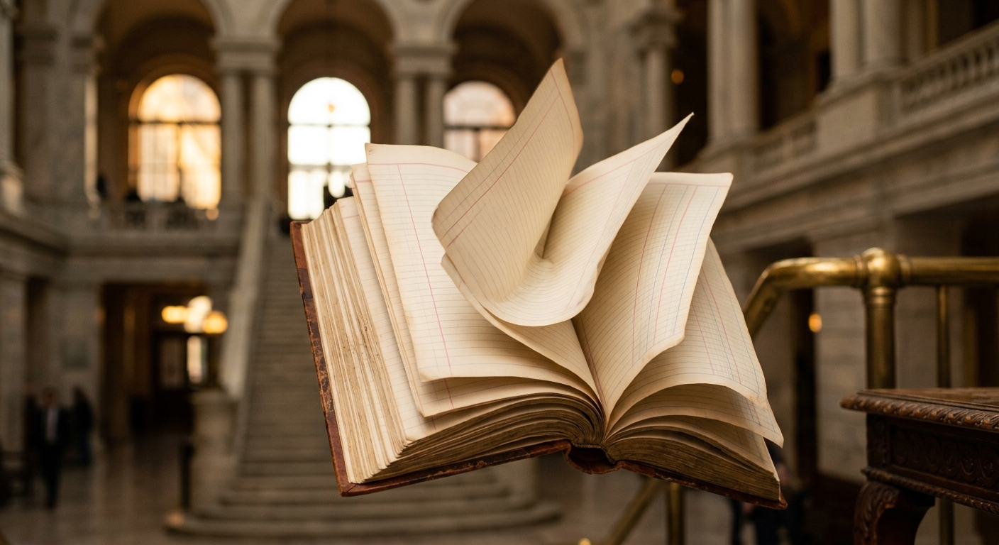 An open book with blank pages is displayed in a grand interior space.