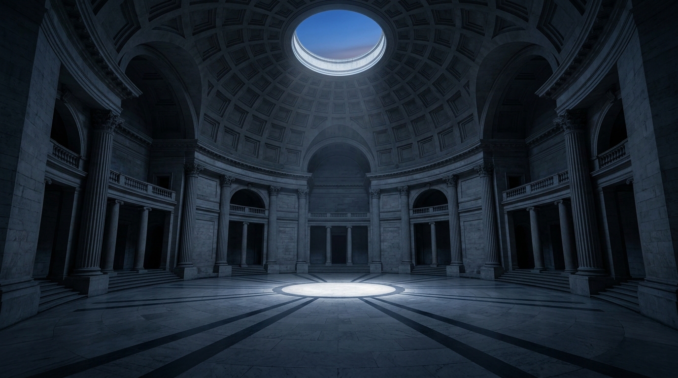 A large, empty interior space with a circular skylight and classical architectural features.