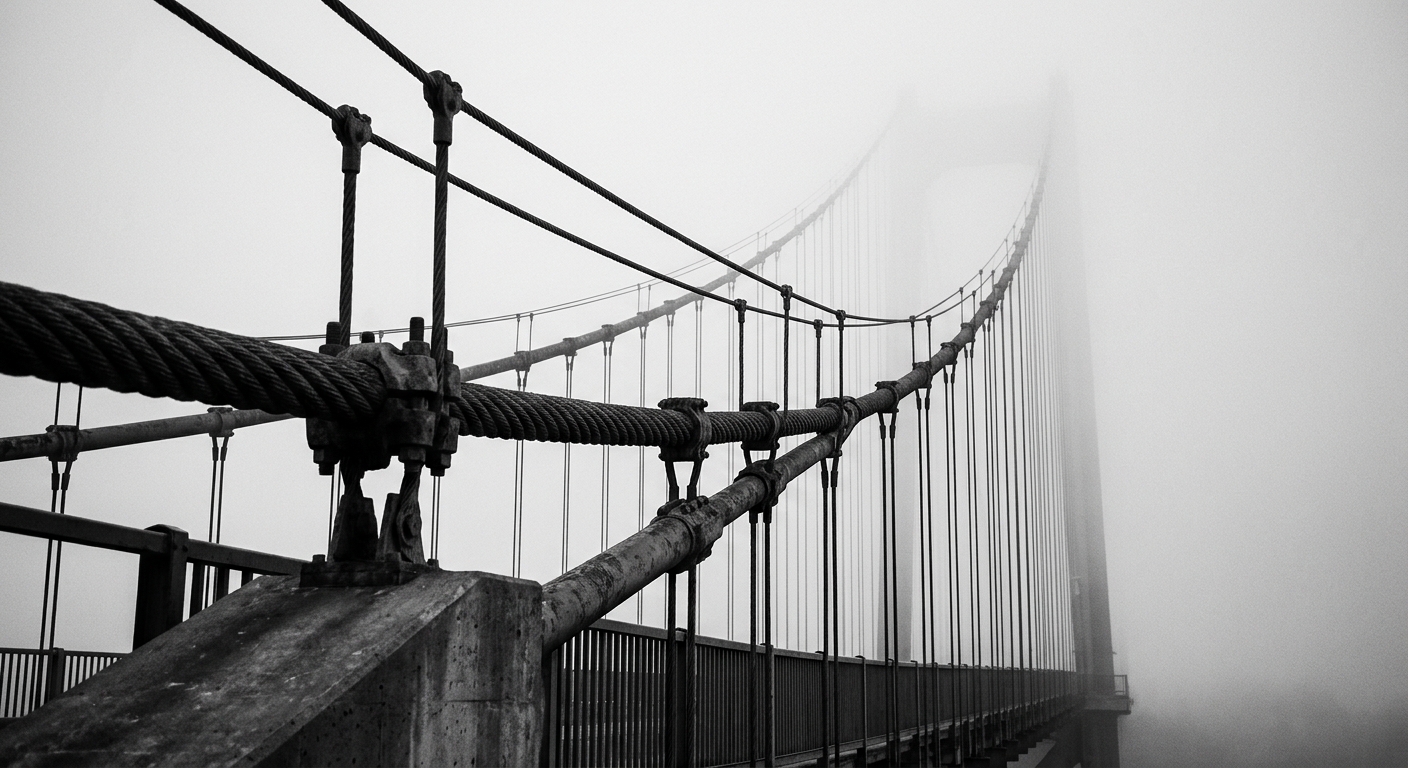 A suspension bridge shrouded in fog.