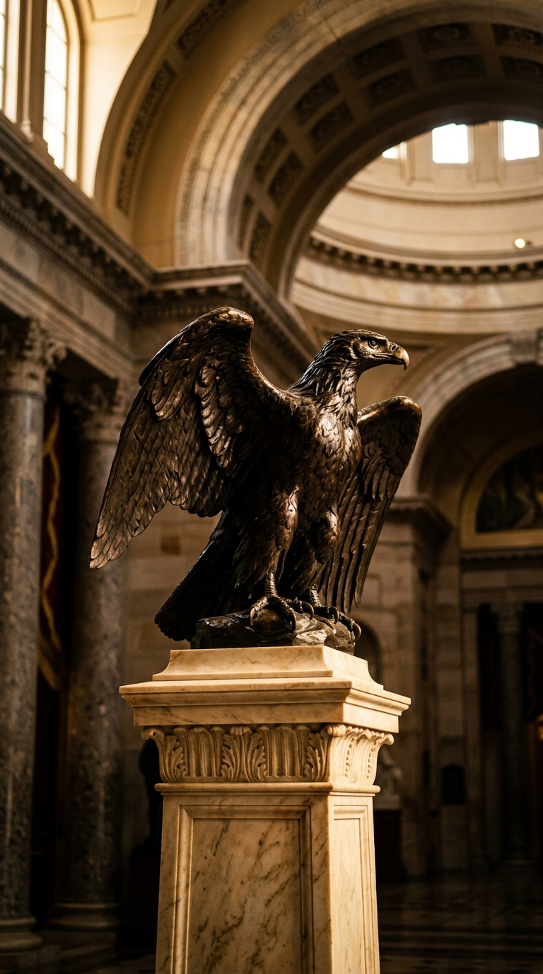 A bronze eagle statue perched on a marble pedestal inside a grand architectural space.