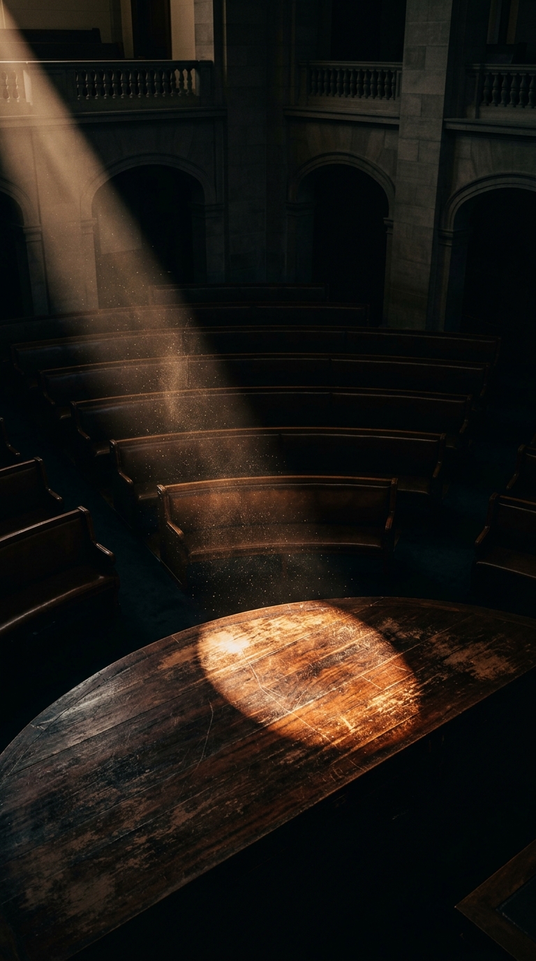 A beam of light illuminates a wooden table in a dimly lit room with empty benches.
