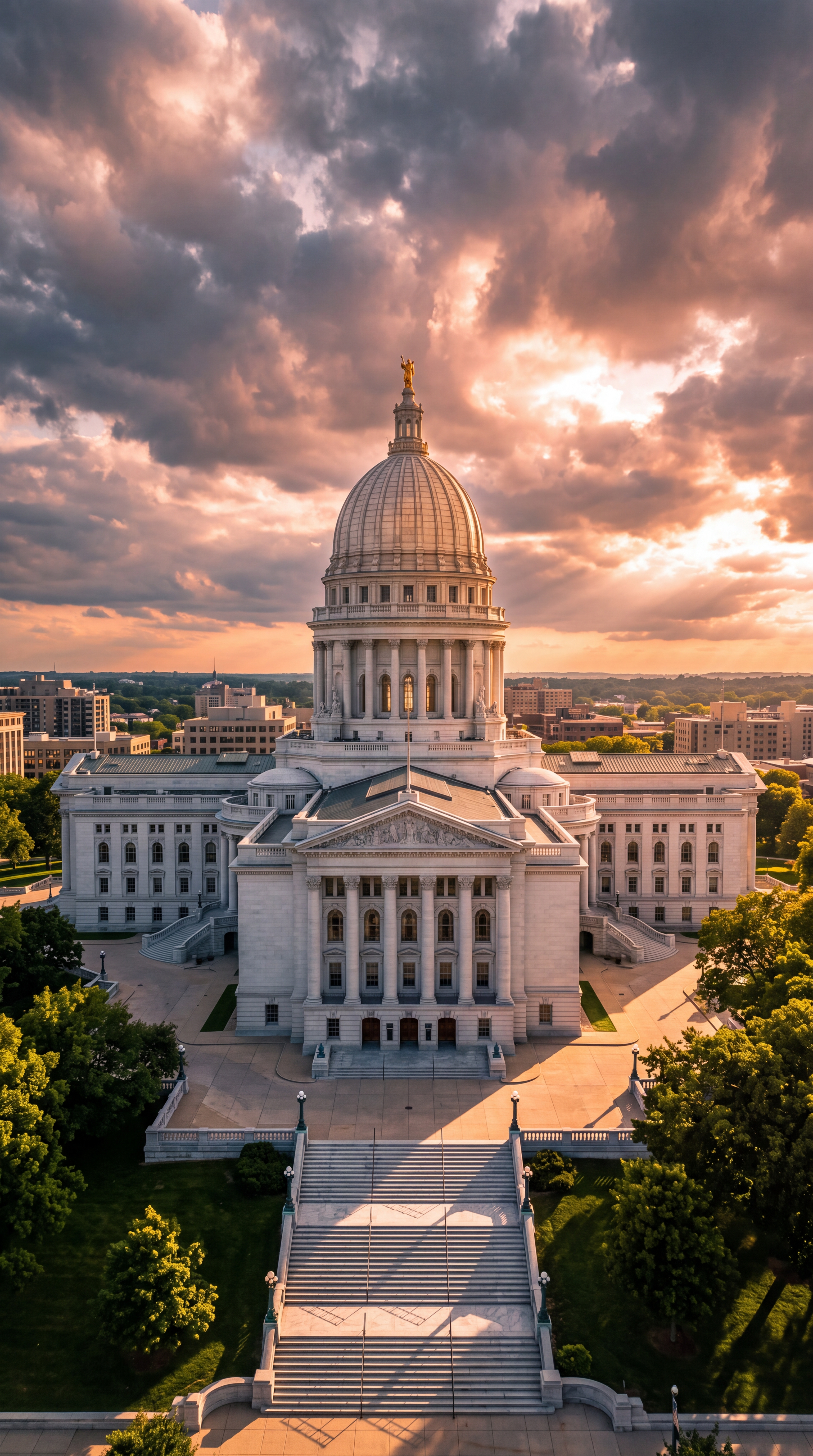 Aerial view of a large government building with a dome under a dramatic sky.