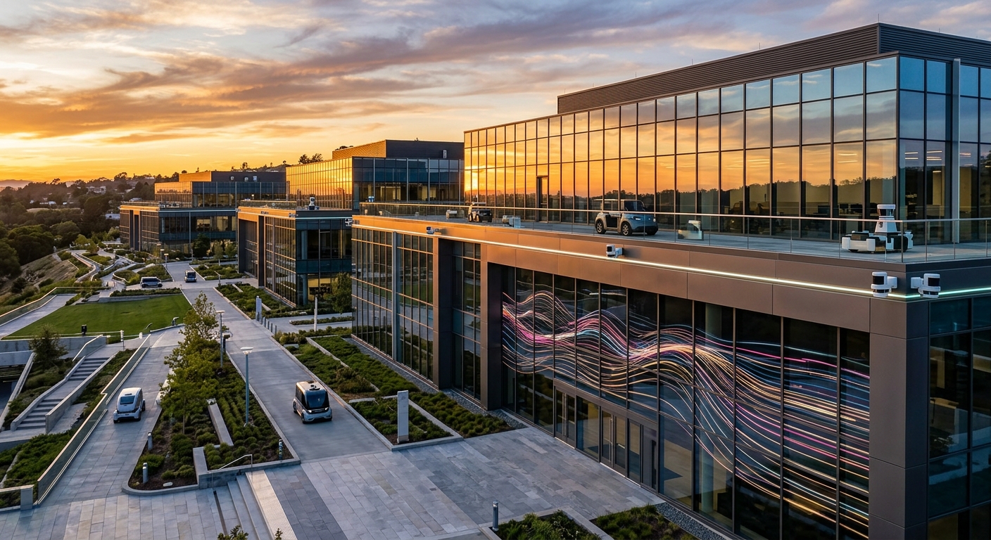 A modern office complex with large glass windows and landscaped surroundings during sunset.