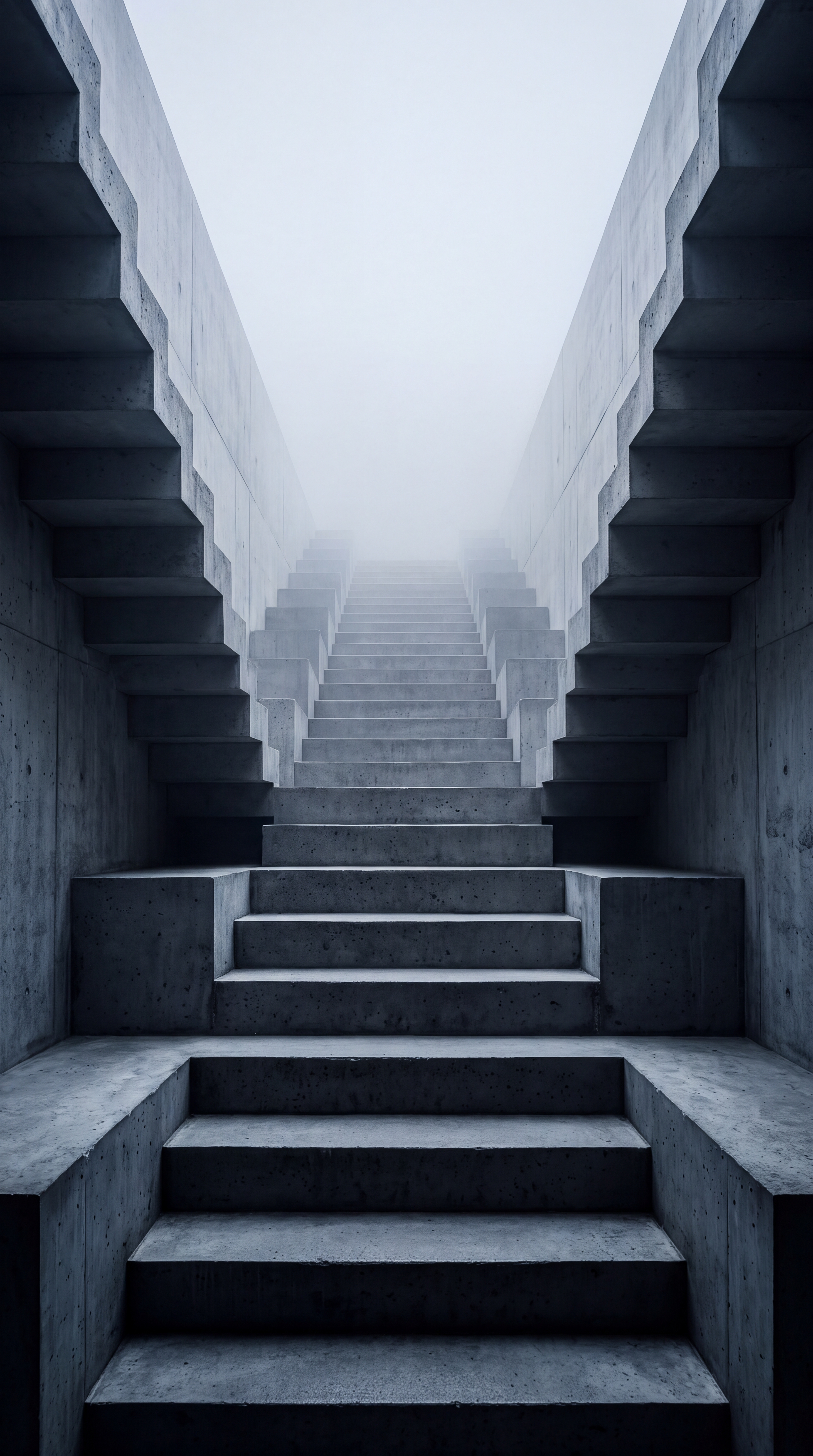 A set of concrete stairs leading upwards into a foggy atmosphere.