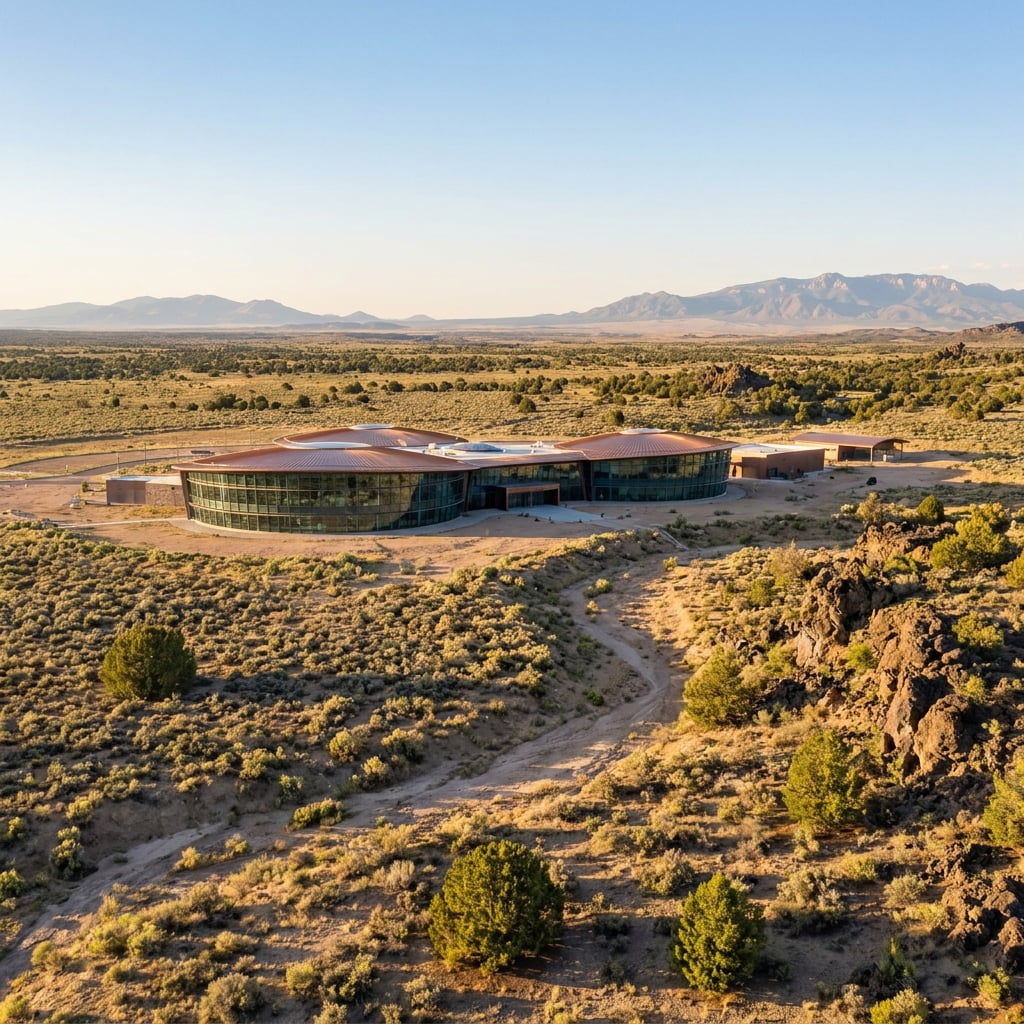 A modern building surrounded by desert landscape and mountains in the background.