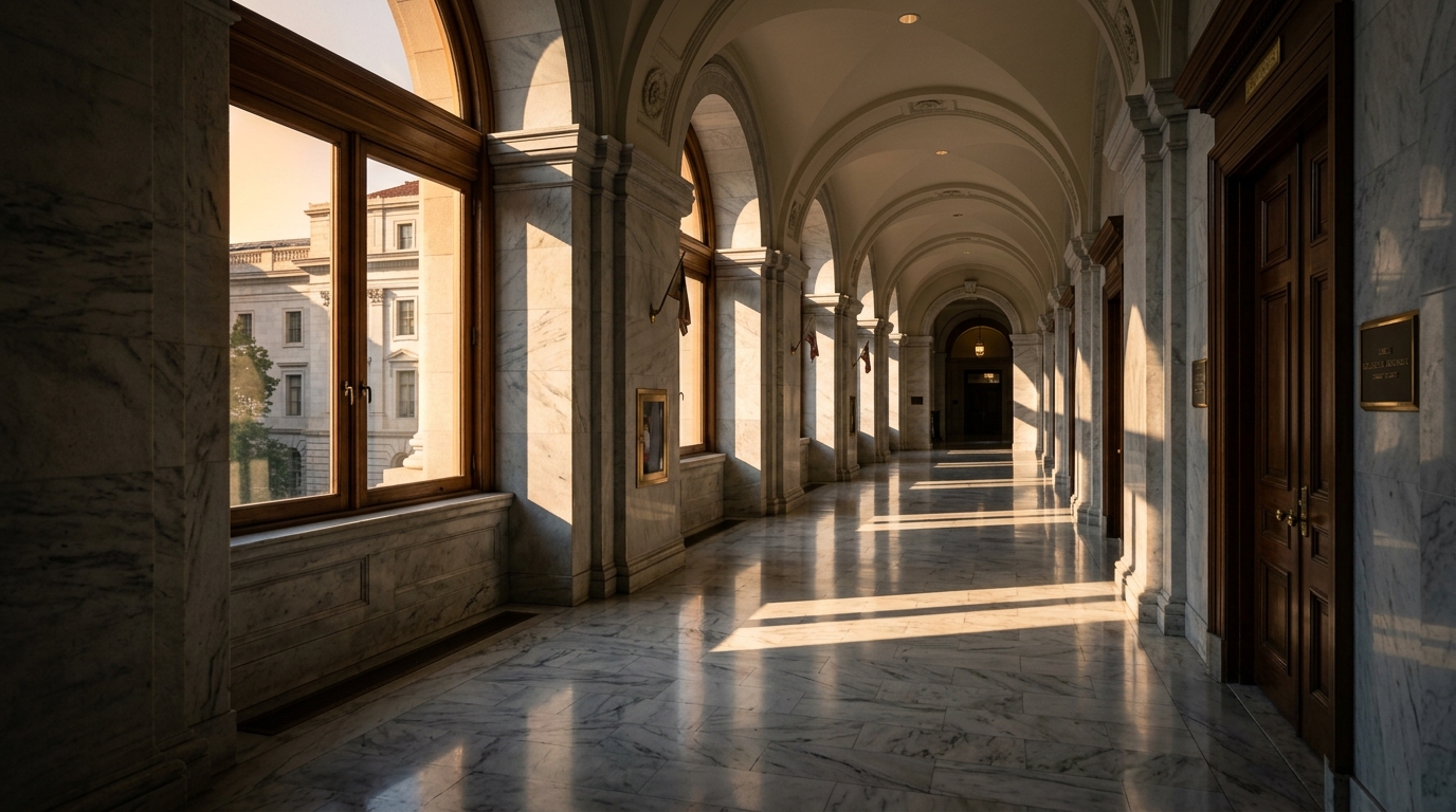 A marble corridor with large windows and arches, illuminated by sunlight.