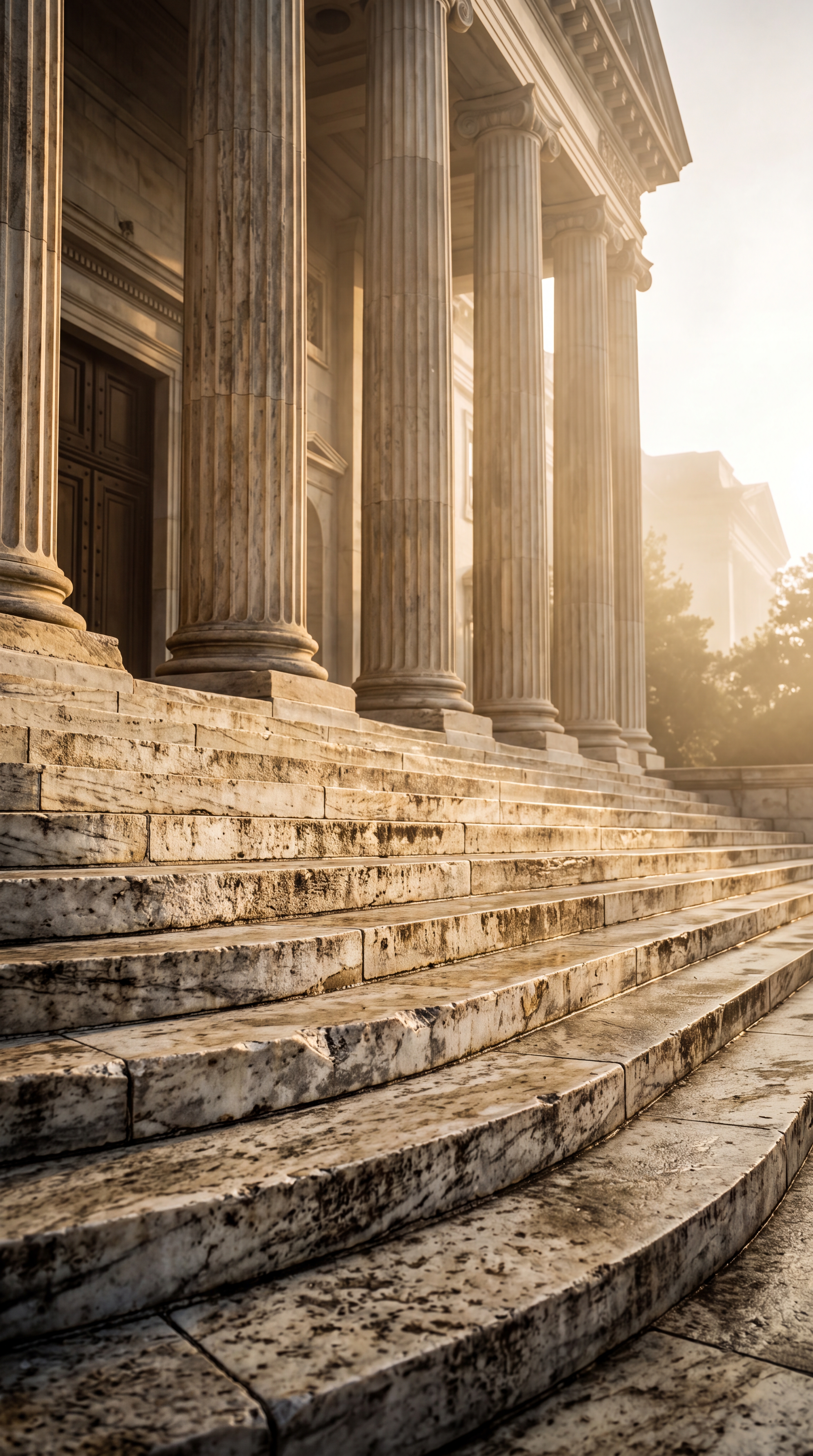 The image shows a grand staircase leading up to a classical building with large columns.