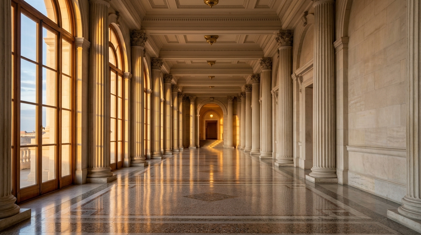 A grand hallway with tall columns and large windows allowing natural light to illuminate the marble floor.