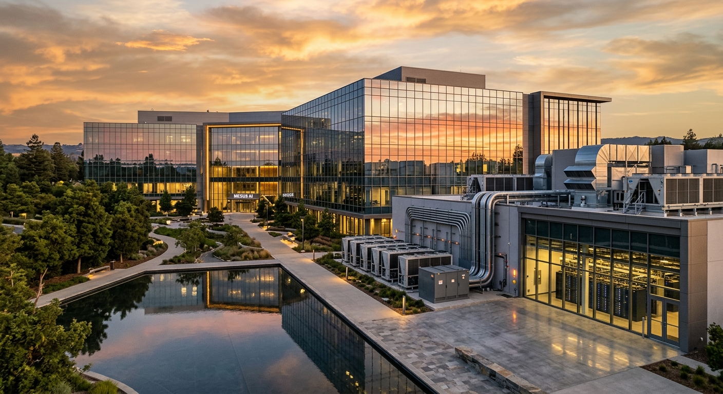 A modern corporate building with large glass windows and a reflecting pond at sunset.