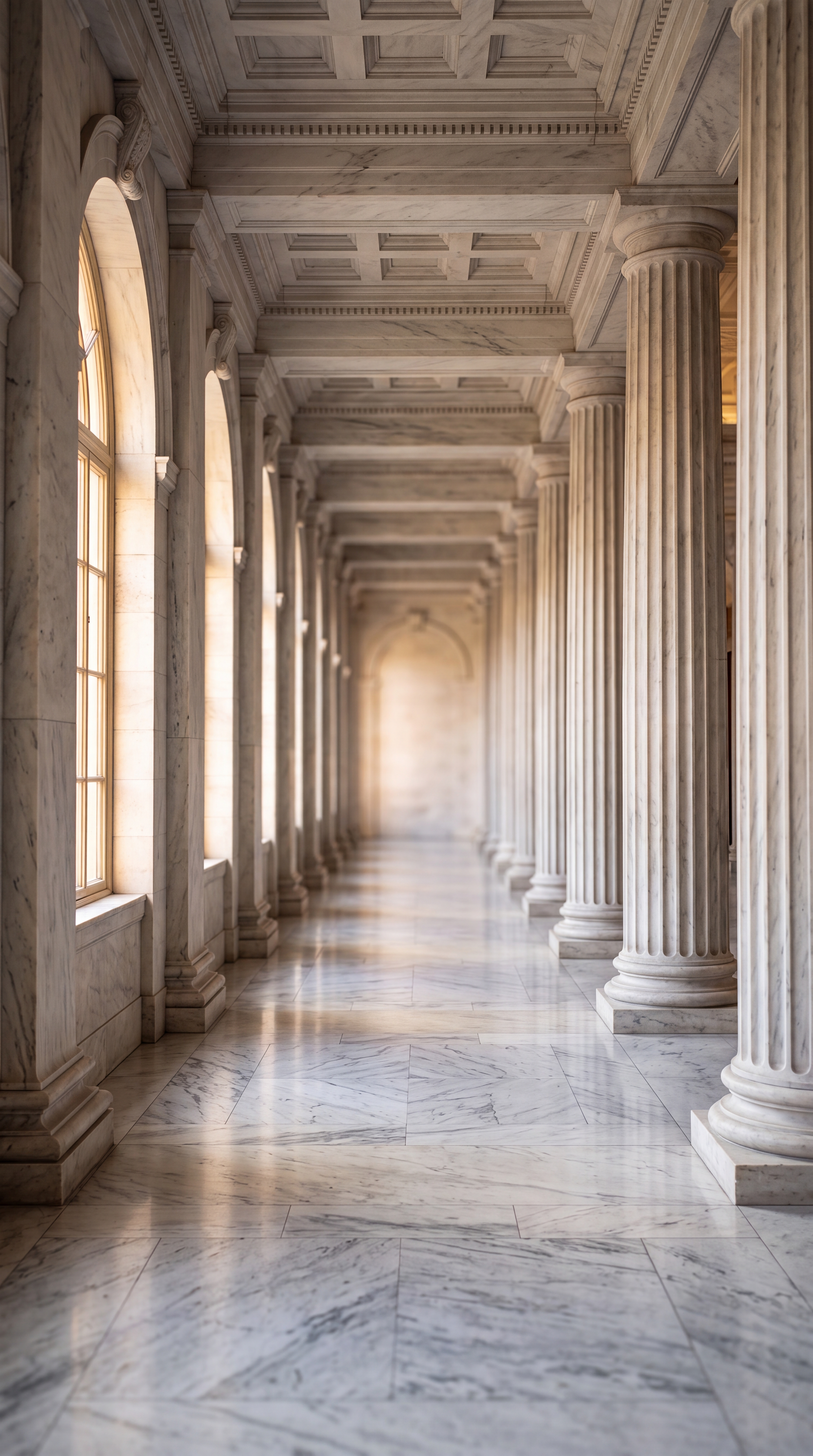 A marble corridor with columns and large windows allowing natural light to illuminate the space.
