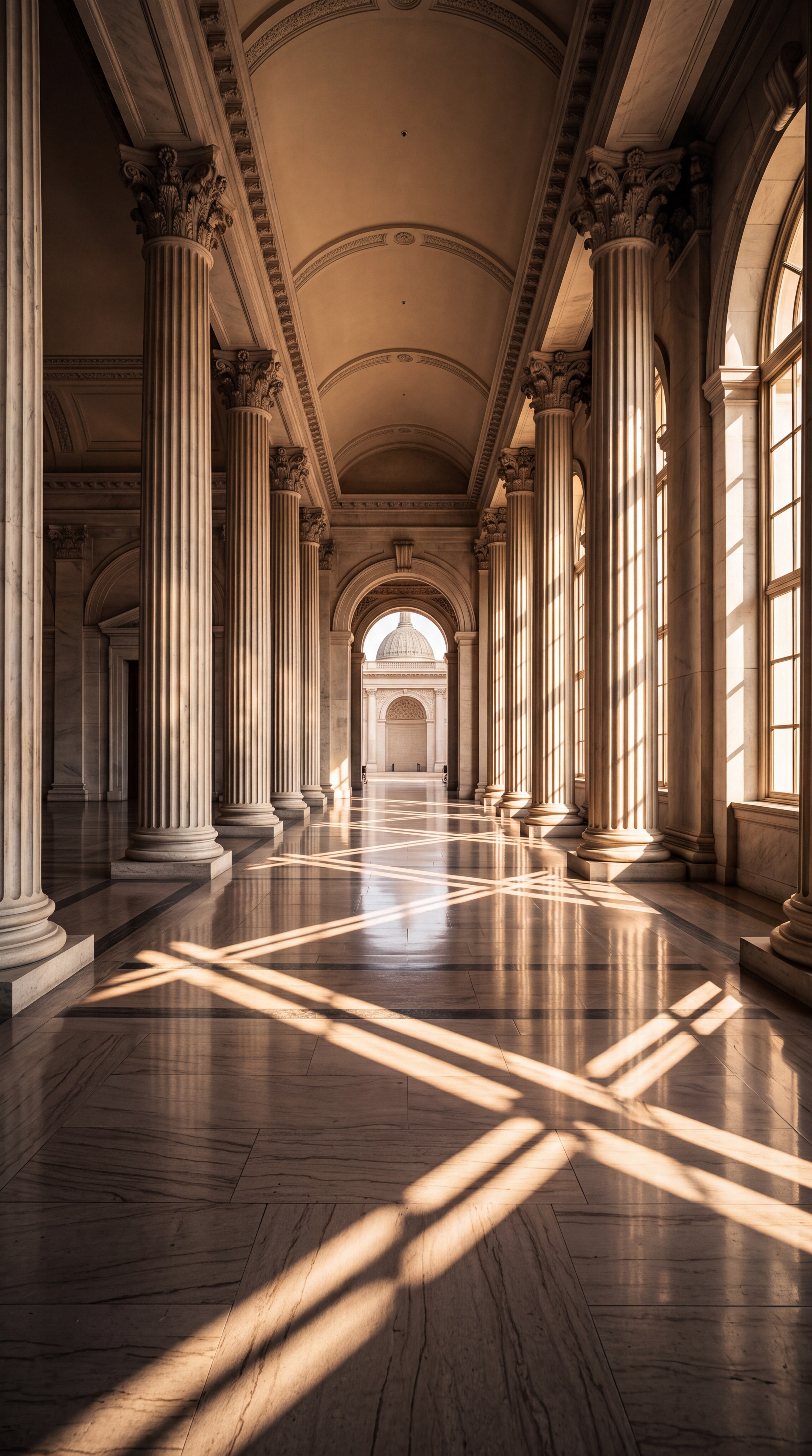 A grand interior space featuring tall columns and large windows with sunlight casting shadows on the floor.