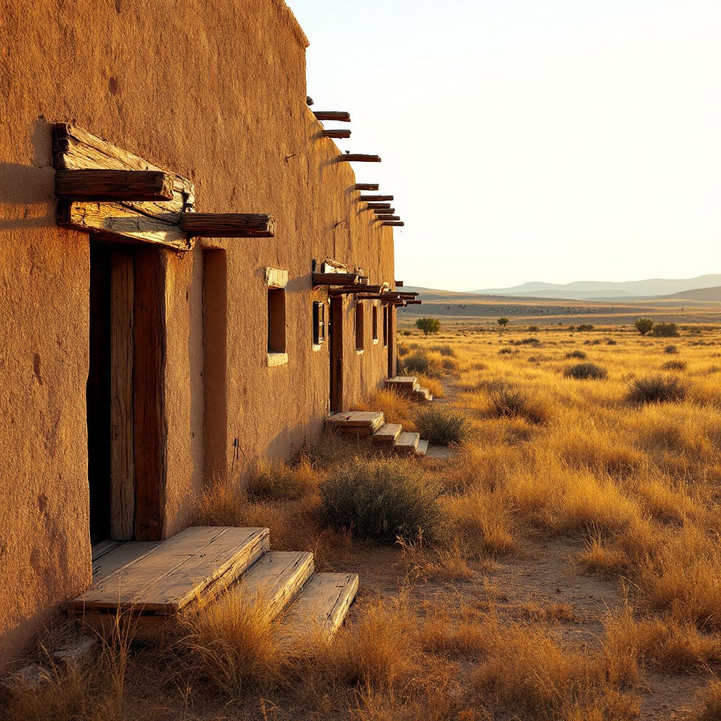 A row of adobe buildings with wooden doors and steps in a desert landscape during sunset.