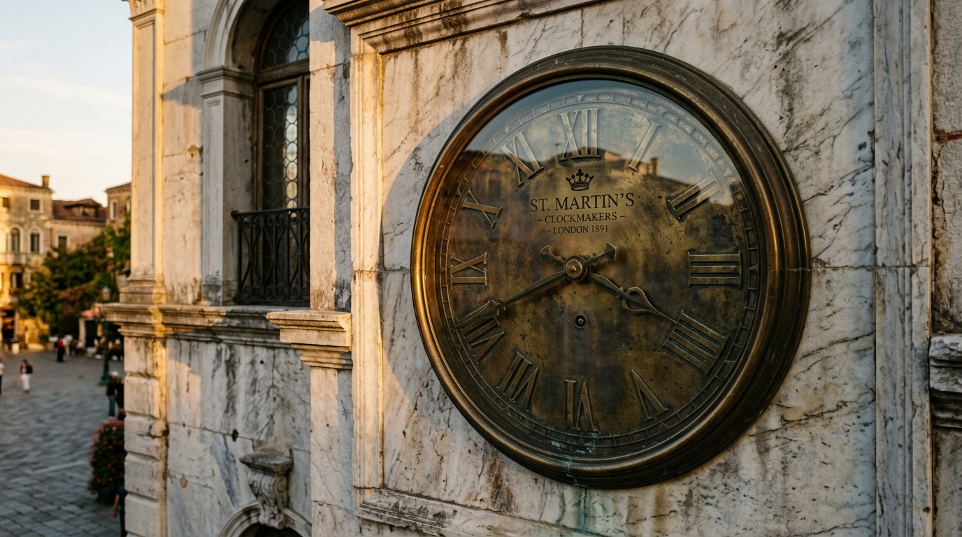A close-up of a vintage clock mounted on a marble wall.