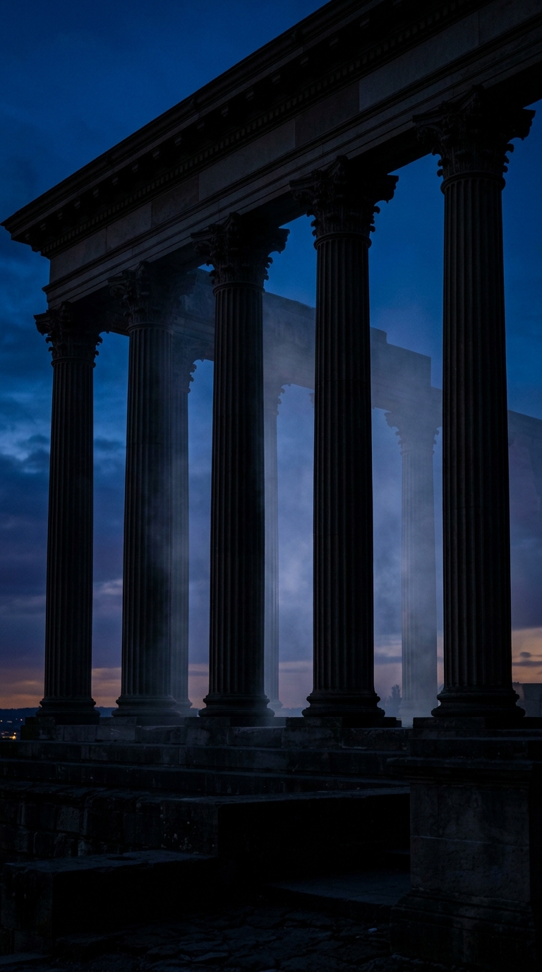 A silhouette of ancient columns against a twilight sky with mist.