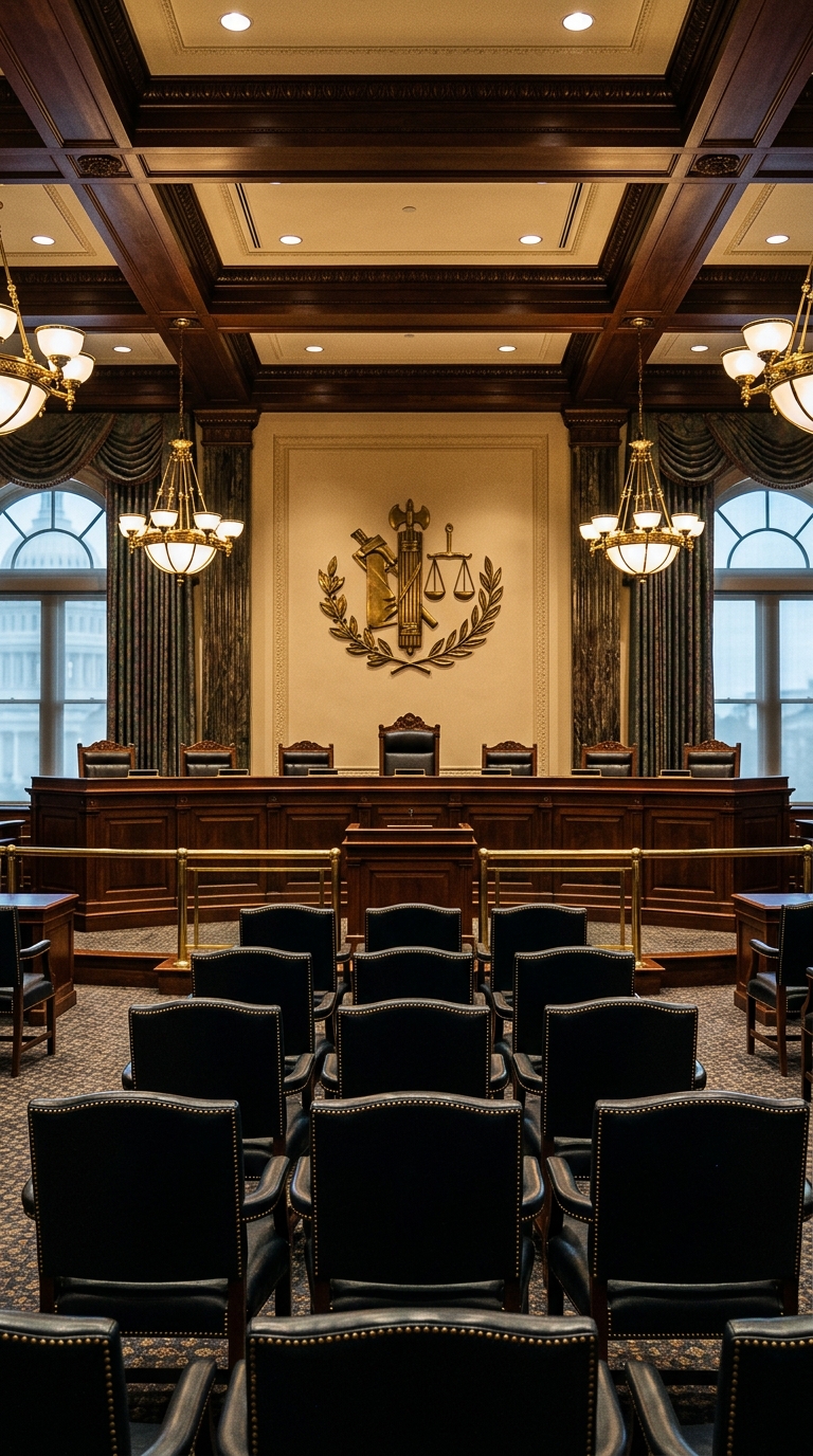 A courtroom interior featuring wooden furnishings and a large emblem on the wall.