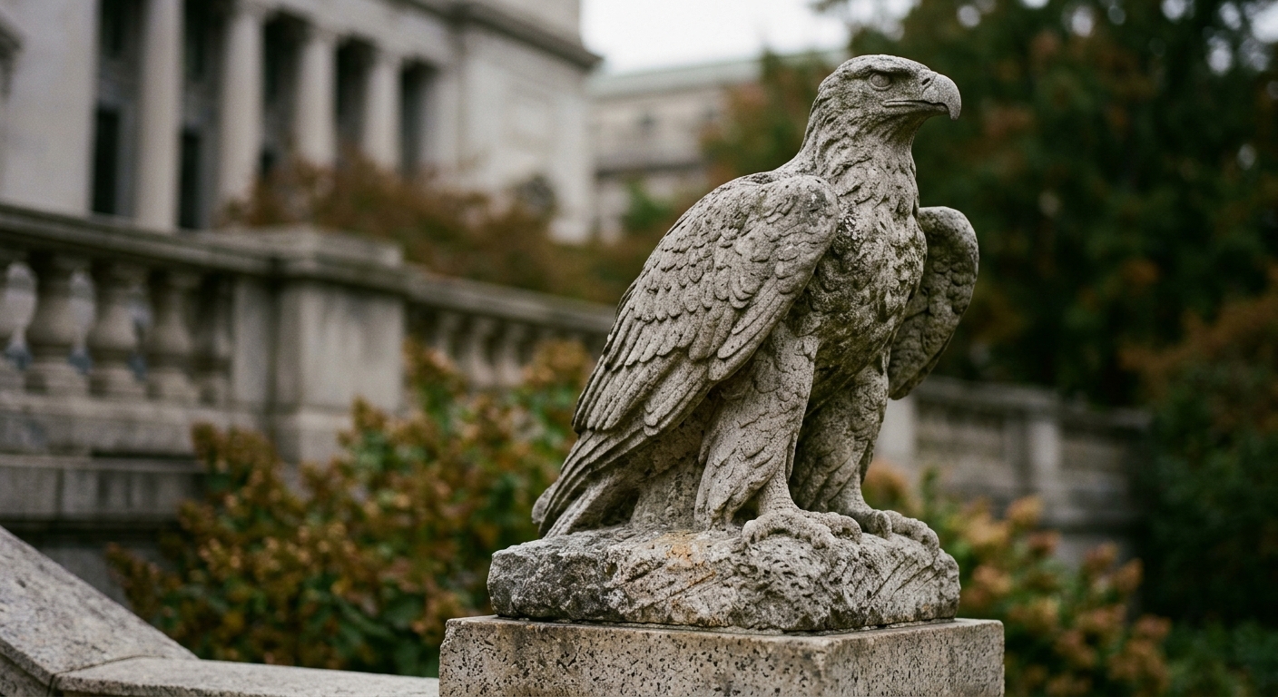 A stone sculpture of an eagle perched on a pedestal.