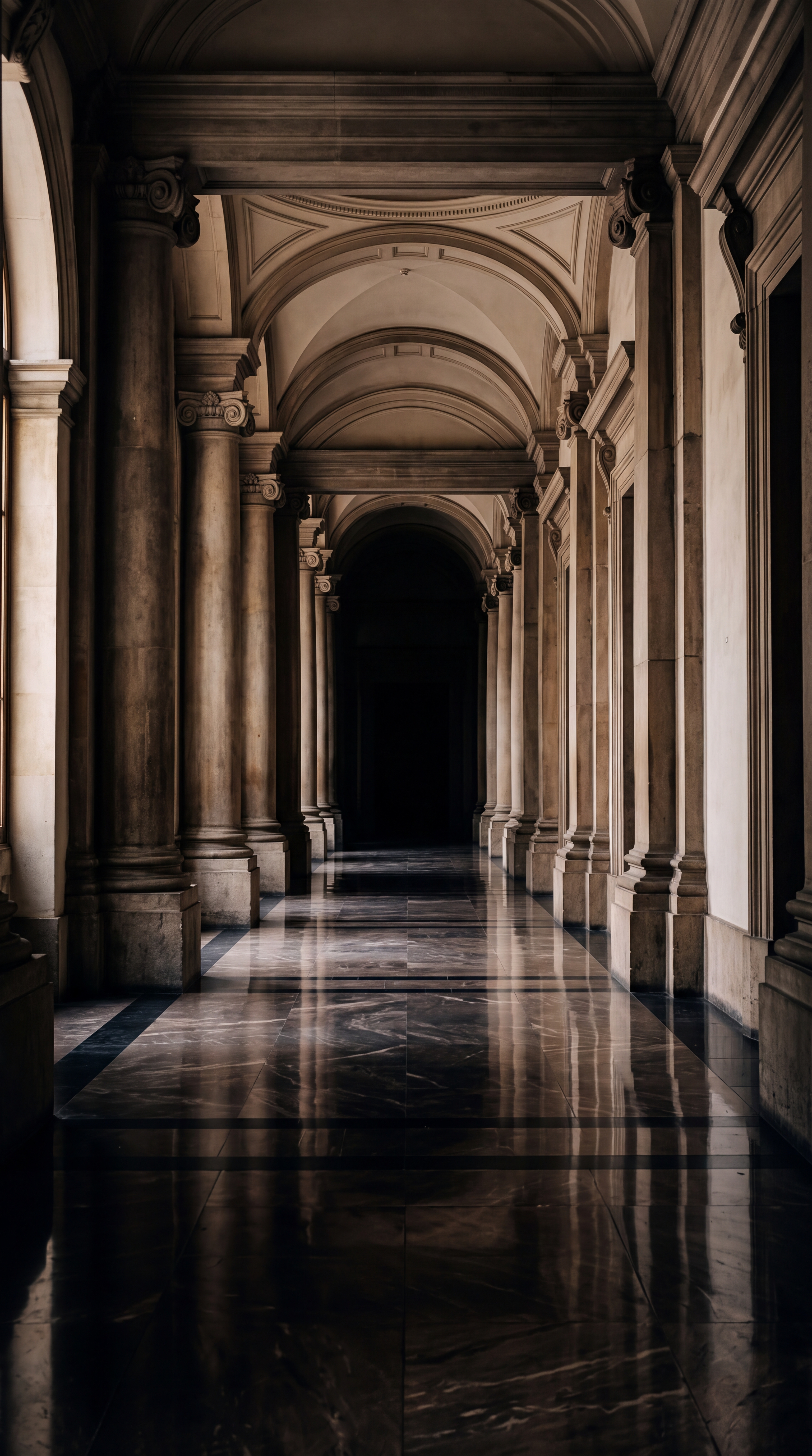 A long corridor with tall columns and polished marble floors.