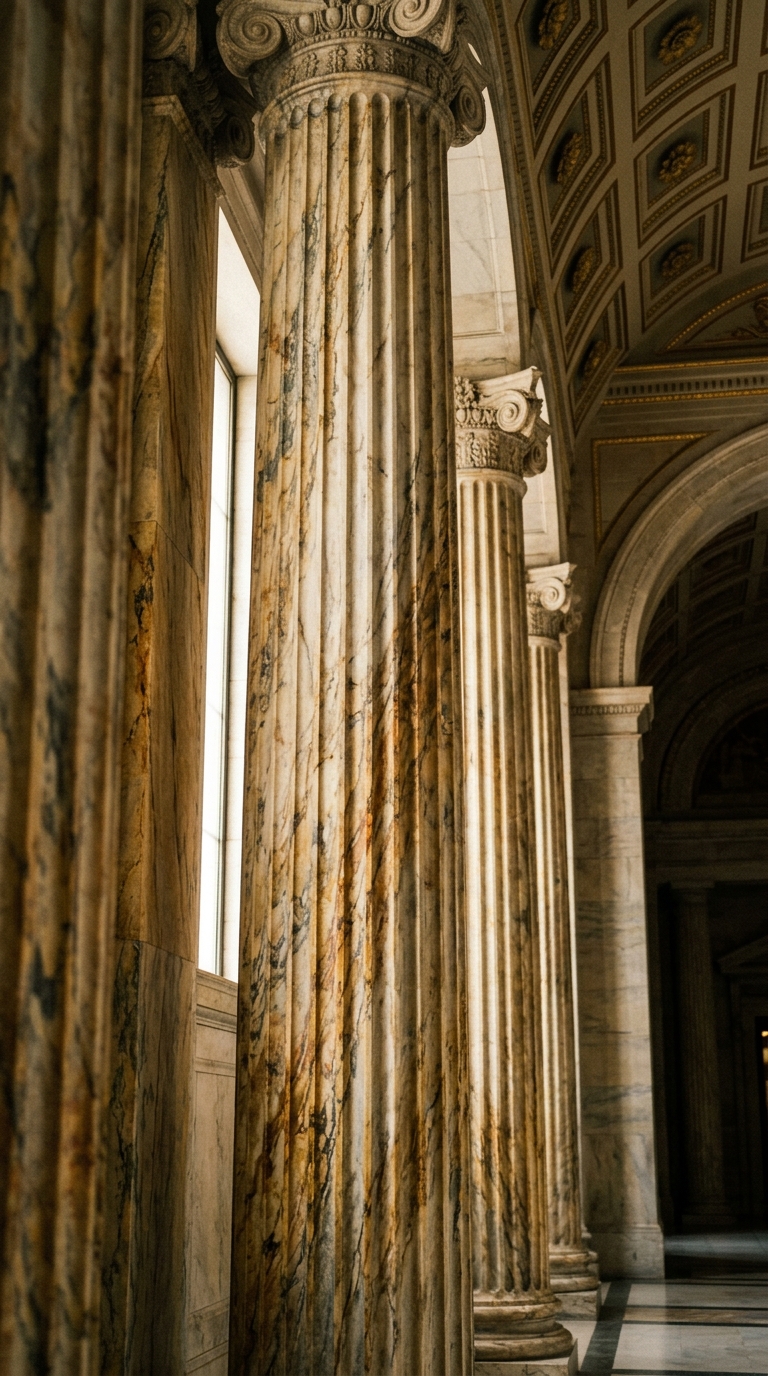 The image features ornate marble columns in a grand architectural setting.