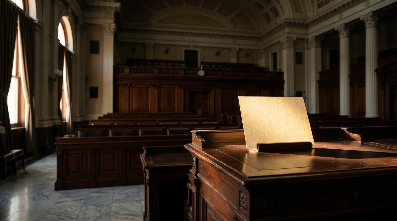 An empty courtroom with wooden benches and a single illuminated document on a desk.