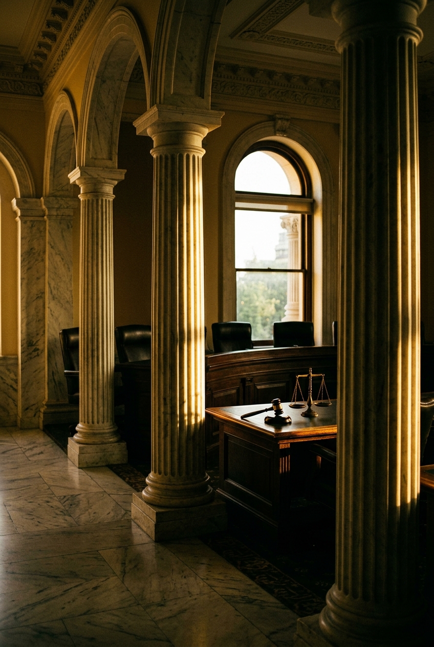 A well-lit interior of a courtroom featuring marble columns and wooden furniture.