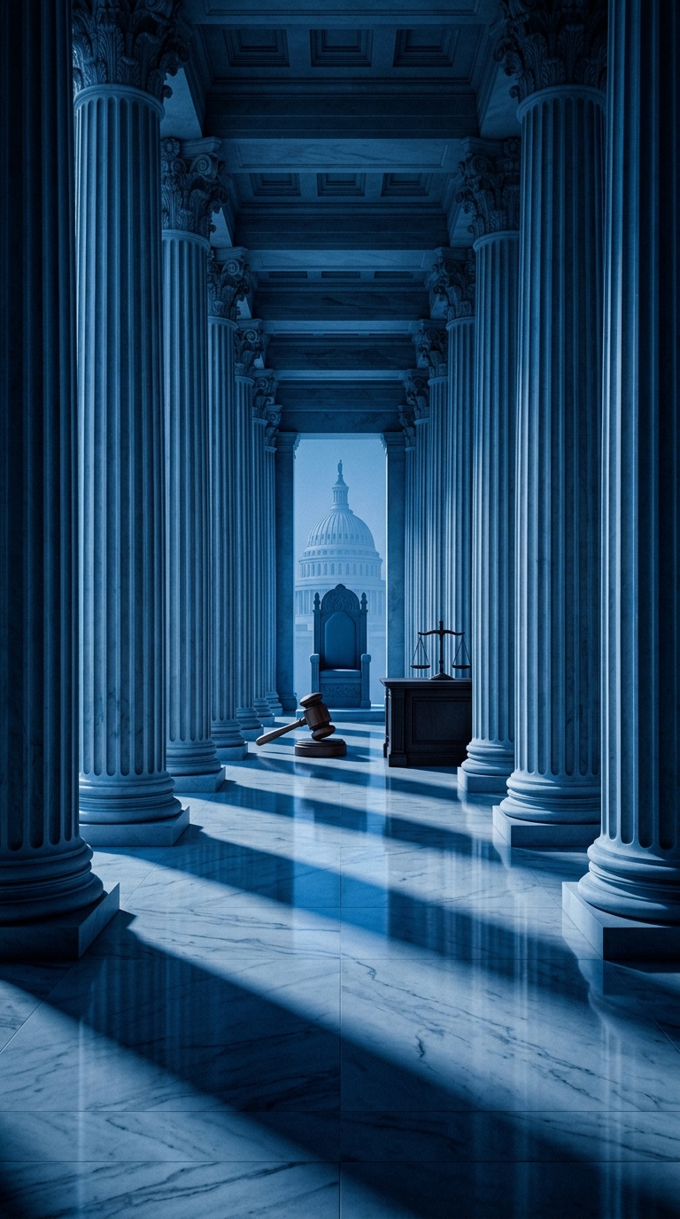 A grand interior space featuring tall columns and a gavel on the floor, with a dome structure visible in the background.