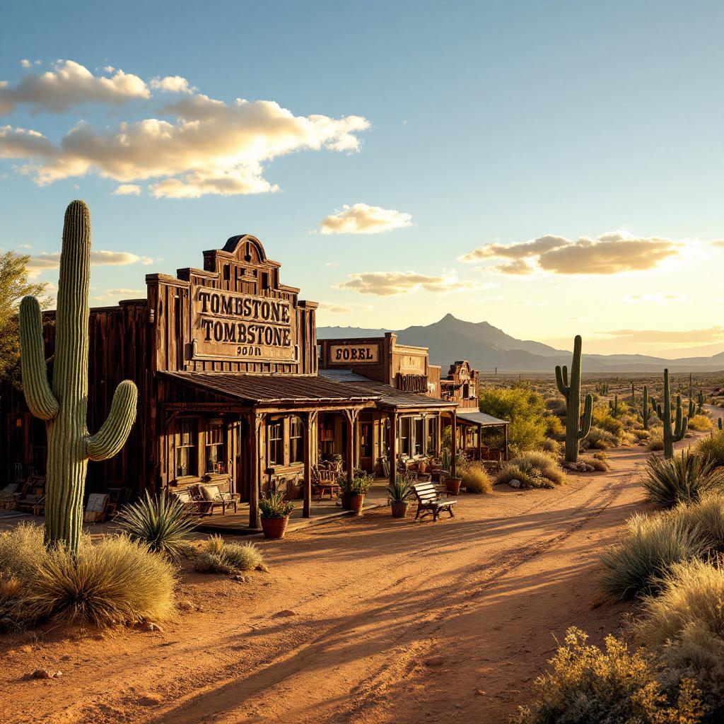 A historic western town with wooden buildings and cacti under a sunset sky.