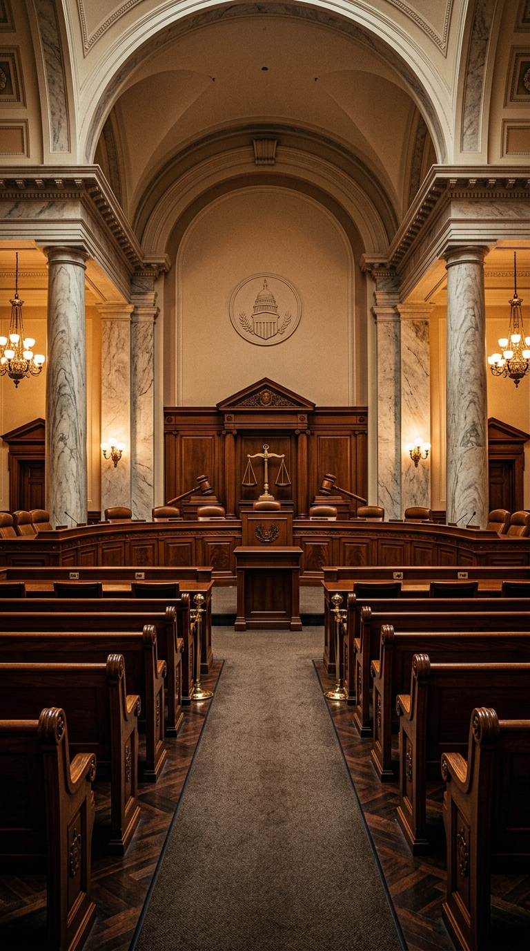 A view of an ornate courtroom featuring wooden benches and columns.