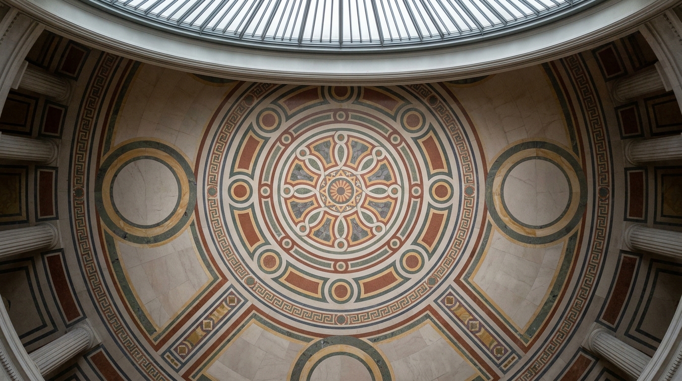 A decorative ceiling featuring intricate geometric patterns and colors.