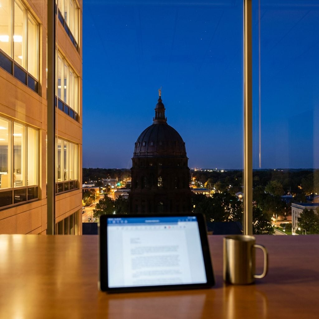 A tablet and mug on a table with a view of a domed building at night.