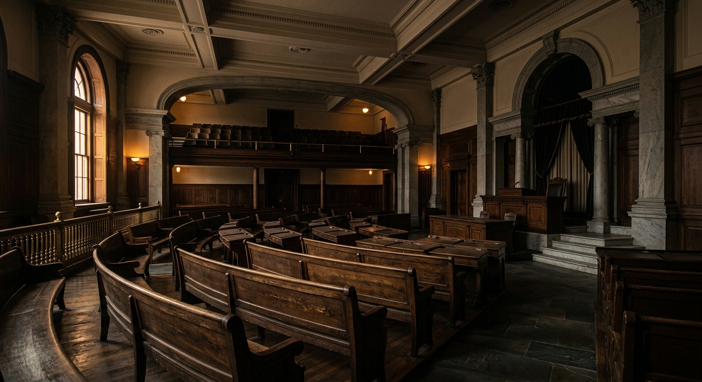 An empty courtroom with wooden benches and a judge's bench.