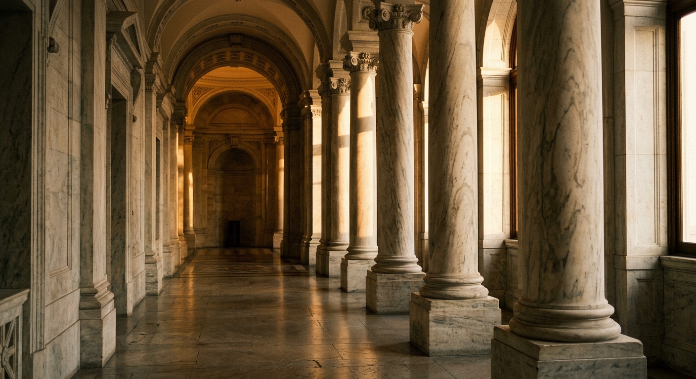 A marble corridor with tall columns and soft lighting.