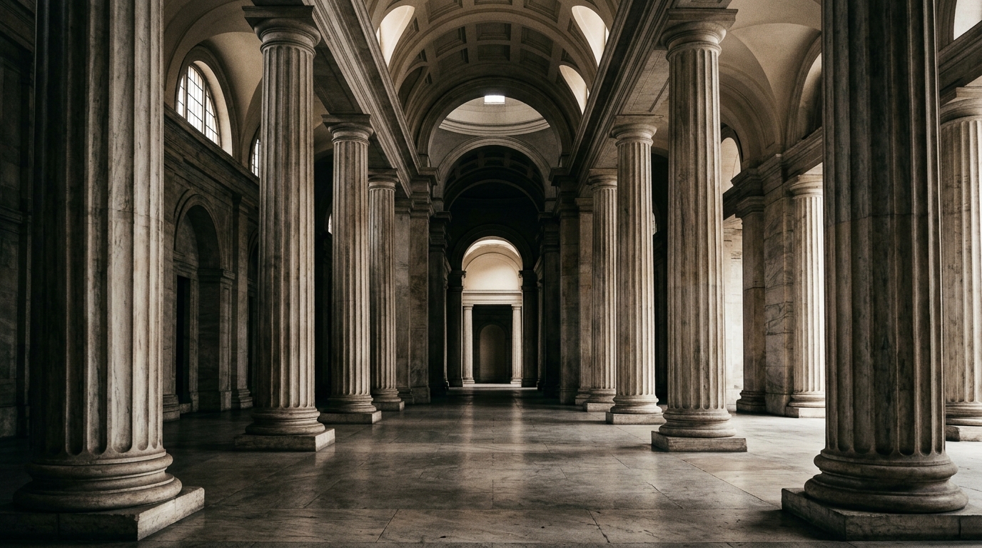 A grand interior space featuring tall columns and arches.